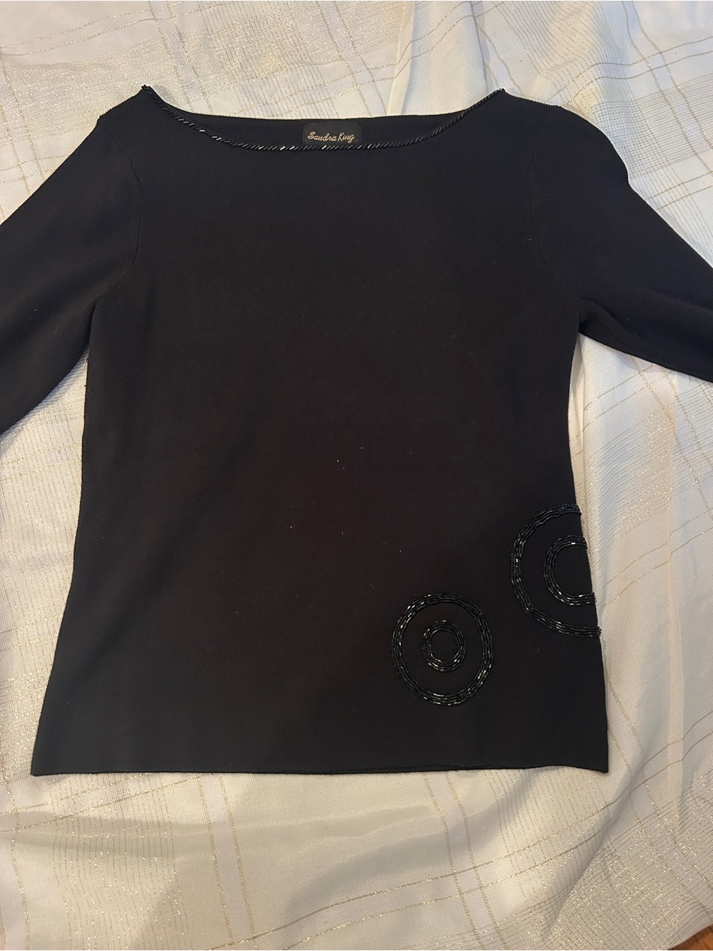 Sandra King petite Black Long Sleeve Knit Top with Beaded Circle Accents